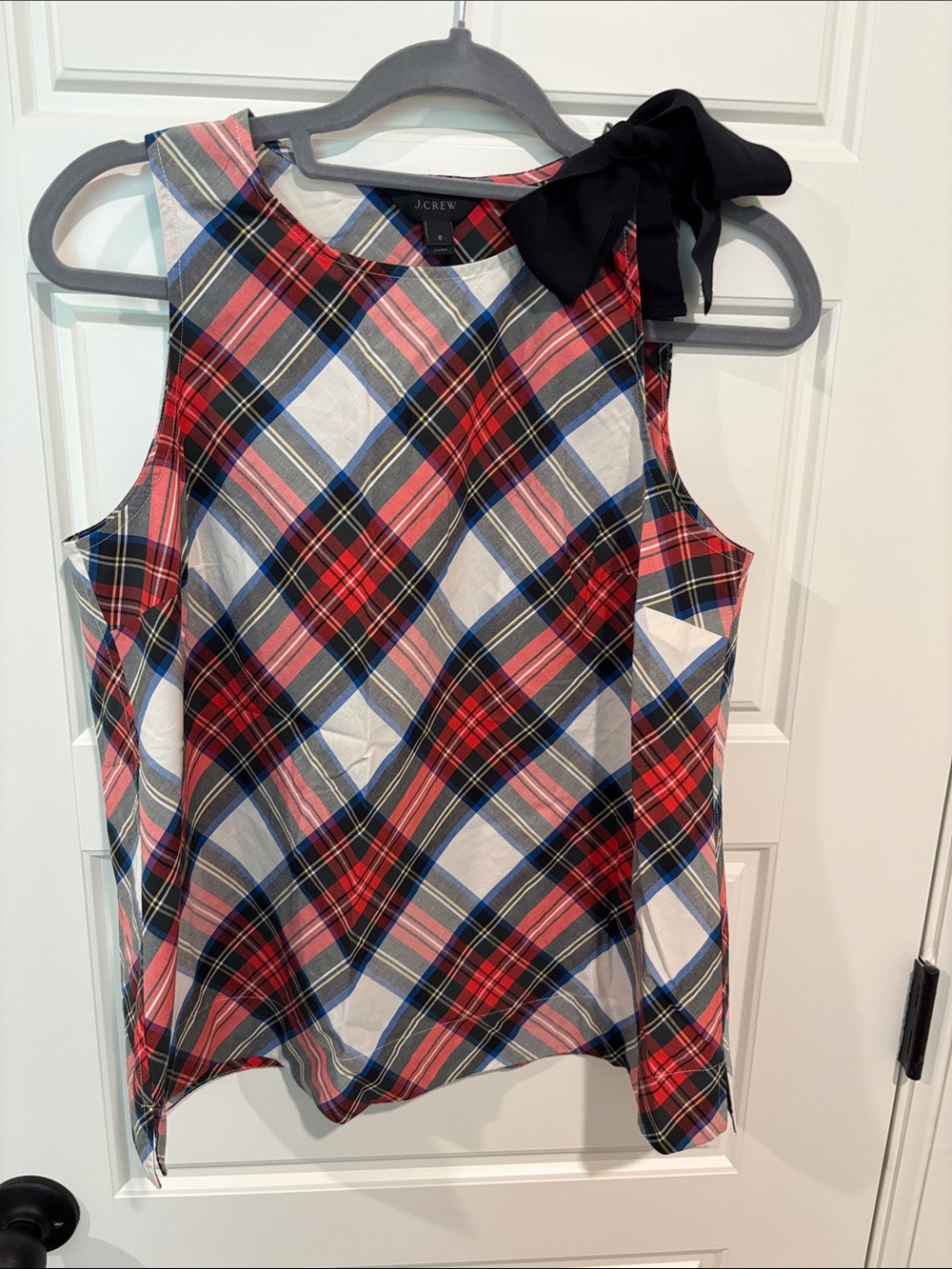 J. Crew Red, Navy & Cream Plaid Tank with Navy Shoulder Bow